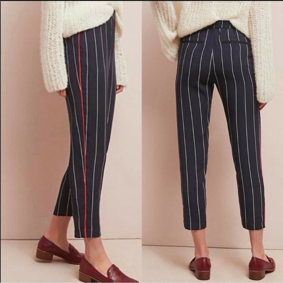 Large ett:twa Anthropologie pull on cropped pants navy white stripe red piped - Picture 1 of 17